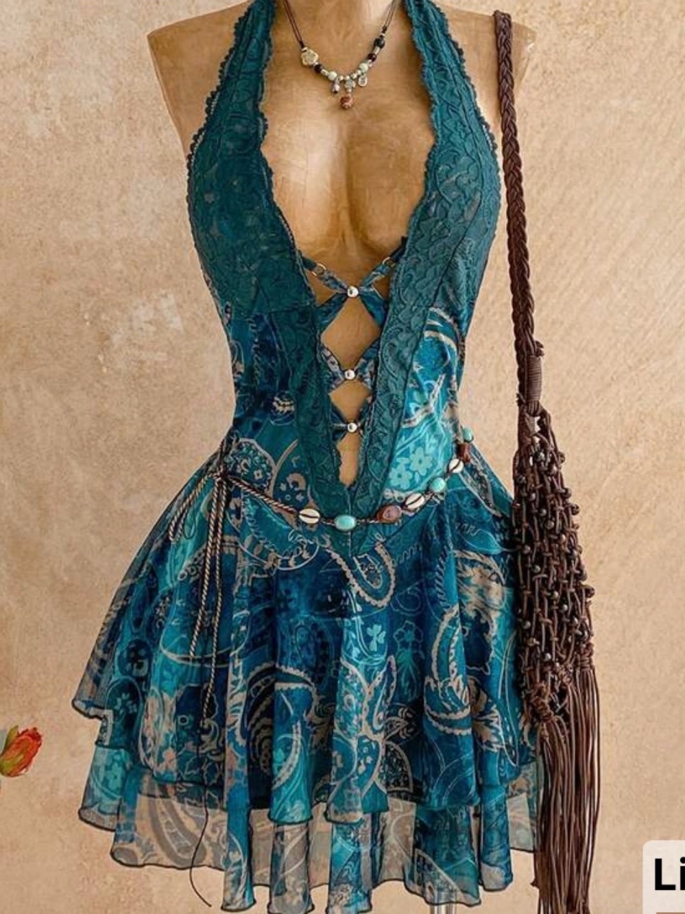 Teal Paisley Halter Dress with Lace Trim & decorative buttons